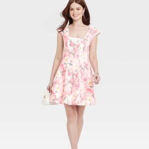 NWT a new day Fit and Flare Mini Cap Sleeve Floral Dress Size 6 Pink Small